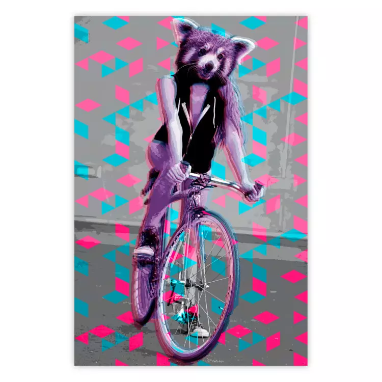 Vrouw-wasbeer op fiets - geometrische abstractie met dierenmotief