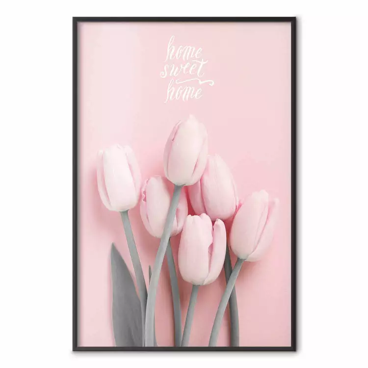 Zes tulpen - roze lentebloemen en teksten op een pastelachtergrond