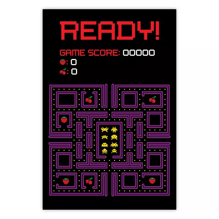 Klaar! - Engelse teksten en pictogrammen van fruit op een Pacman-kaart