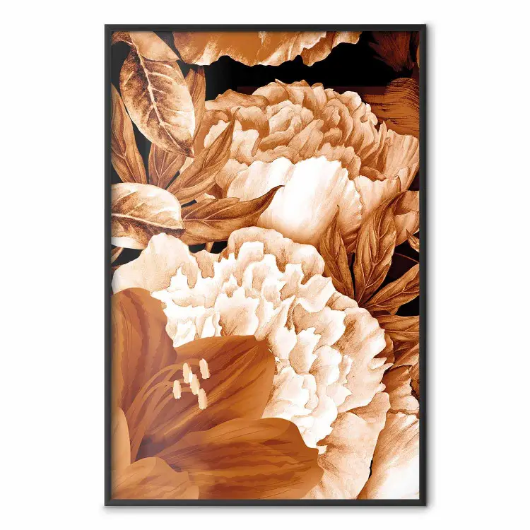 Lelies en Pioenen - bloemen en bladeren in sepia-stijl op een zwarte achtergrond