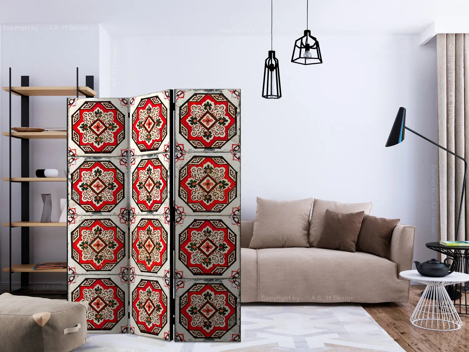 Kamerverdelers Palmenkust II - artistieke beige compositie met bladeren- Kamerschermen