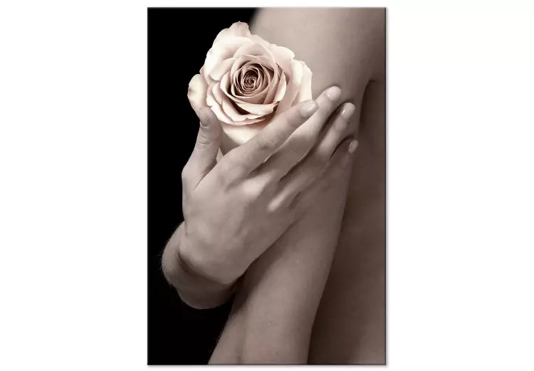 Een theeroos in haar hand - een foto van een vrouw met een bloem