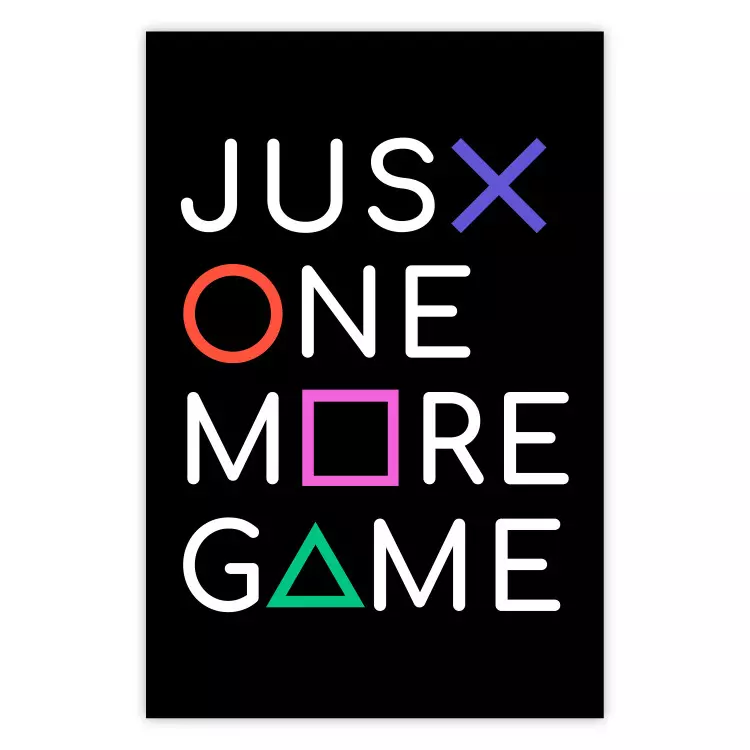 Just One More Game - witte tekst met gekleurde figuren op een zwarte achtergrond