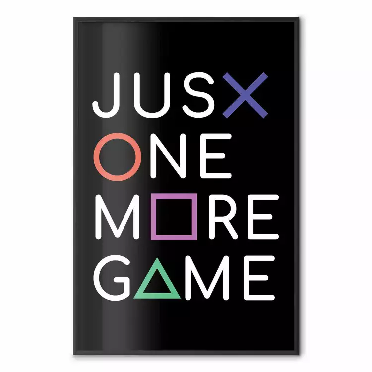 Just One More Game - witte tekst met gekleurde figuren op een zwarte achtergrond