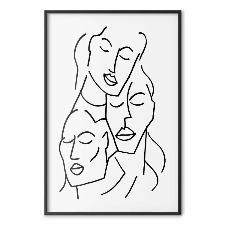 Drie gezichten - zwarte line art van gezichten van personages op een uniform grijze achtergrond