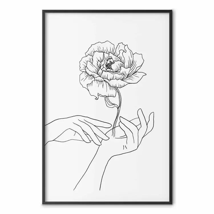 Zacht aanraking - zwarte line art van handen en bloemen op een effen achtergrond