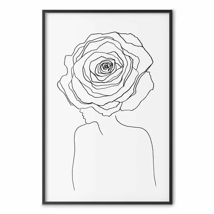 Omgedraaide blik - zwarte line art van een vrouw met bloemen op het hoofd