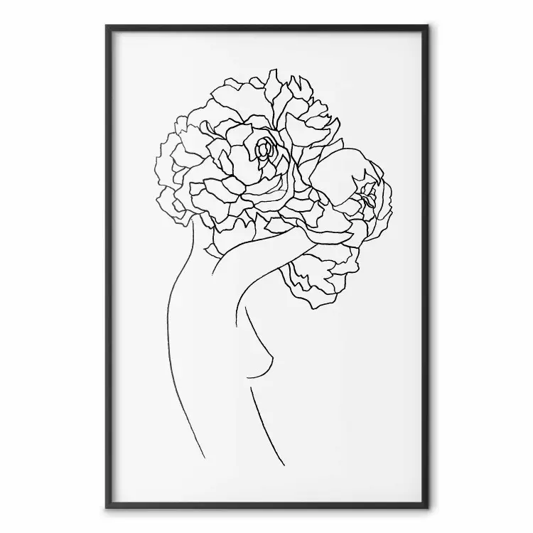 Tuinierster - abstracte line art van een vrouw met bloemen op een witte achtergrond