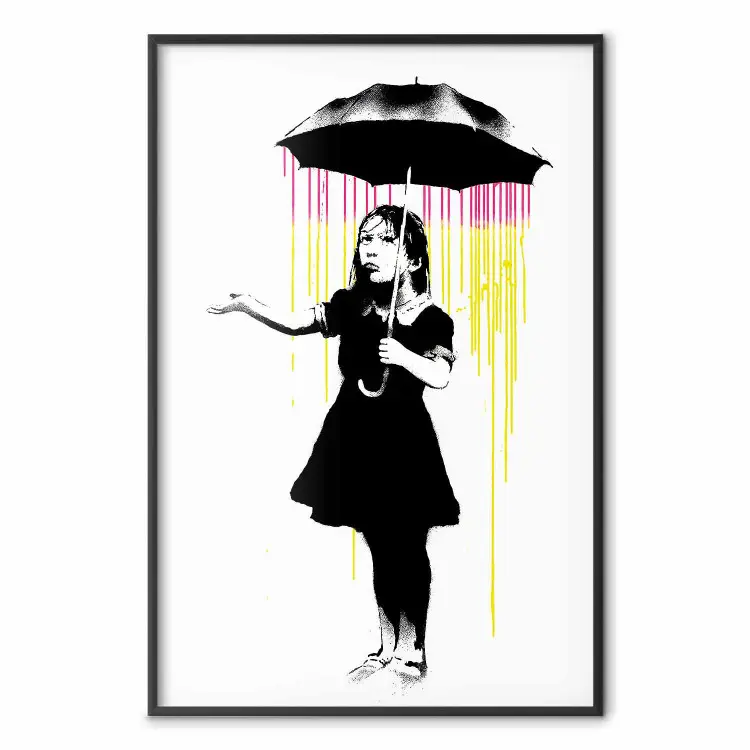 Meisje met parasol - zwart-wit meisje in een kleurrijke regen