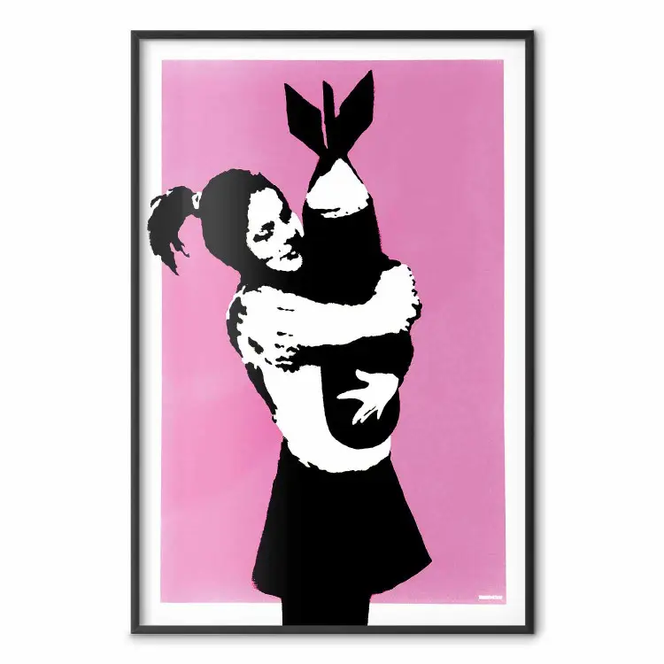 Bomb Hugger - meisje met een bom op een roze achtergrond in de stijl van Banksy