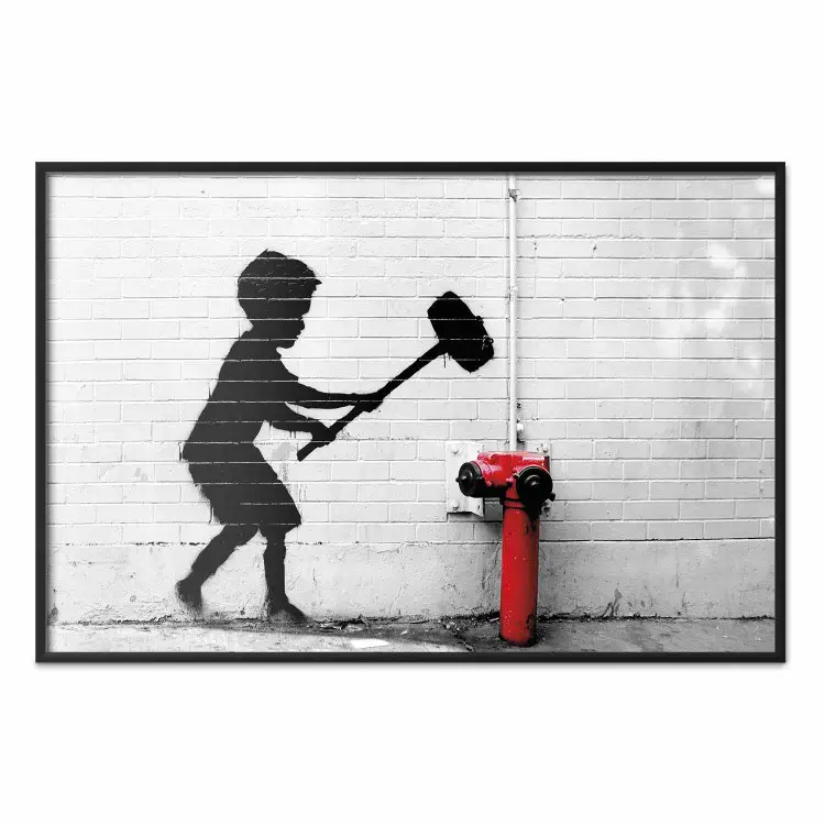 Hydrant vernietigen - muurschildering van een zwarte jongen met een grote hamer op een muur