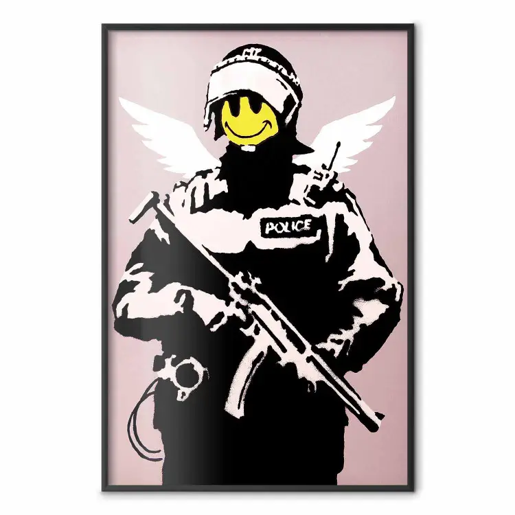 Politieagent - man met een gele gezicht en vleugels in de stijl van Banksy