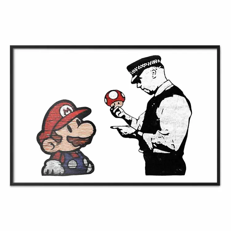 Banksy: Mushroom Picker - kleurrijk figuur en zwarte politieagent op een witte achtergrond