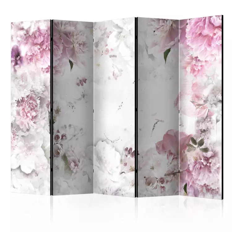 Dansende pioenen II (5-delig) - romantische bloemen en witte achtergrond