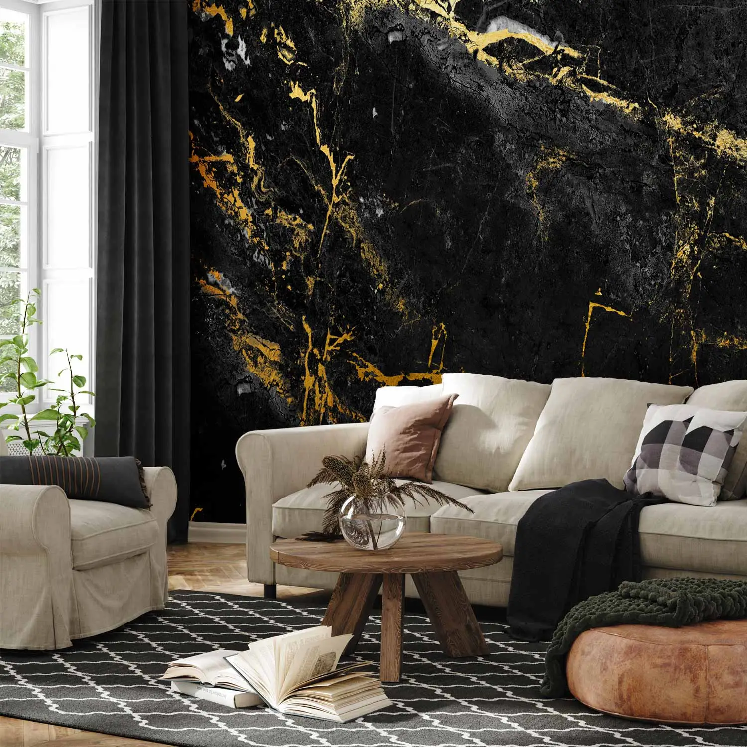 Elegante Zwart Goud Marmer Abstracte Kunst Raamgordijnen voor Woonkamer