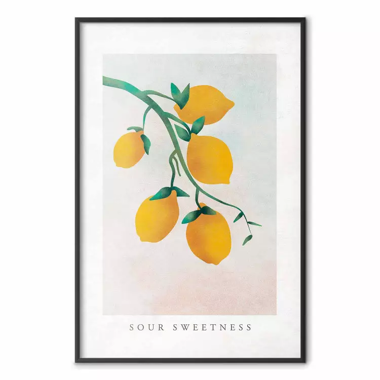Zure zoetheid - Engelse tekst en gele vruchten op een pastelkleurige achtergrond