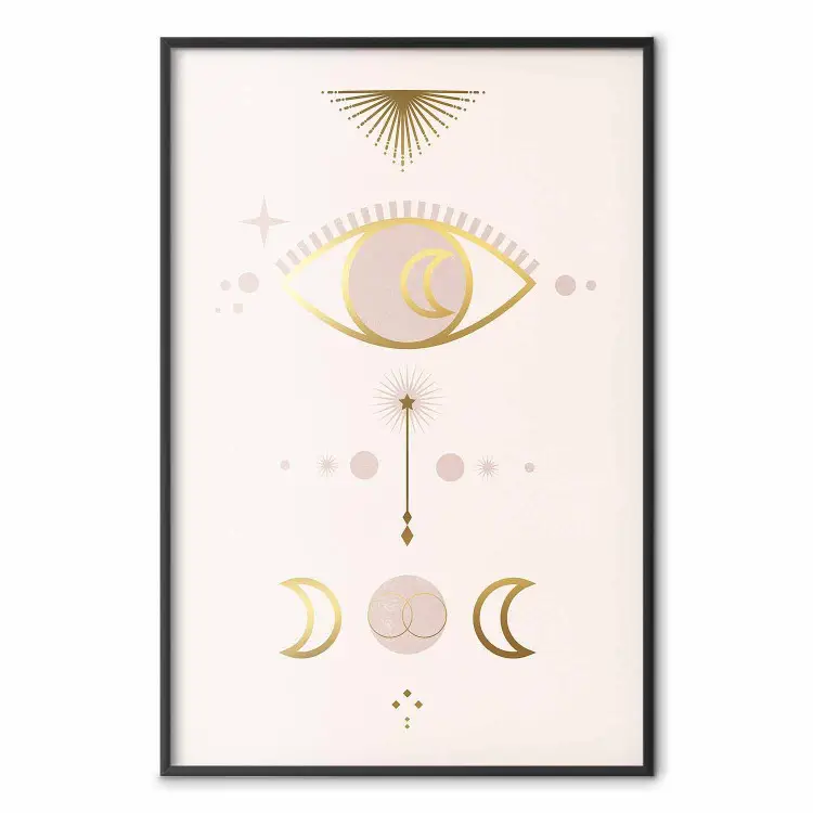 Magische avond - gouden abstractie van manen en oog op een lichte achtergrond