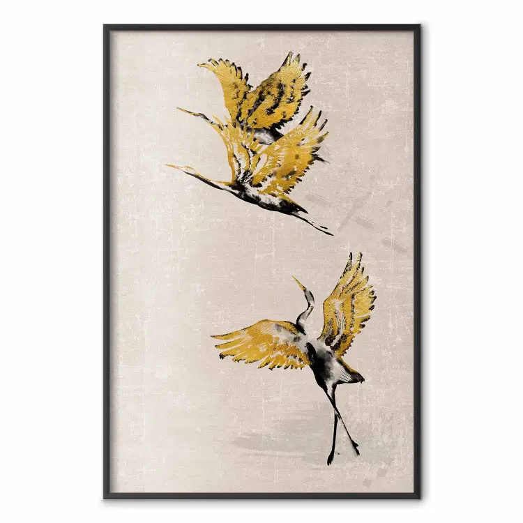 Gouden kraanvogels - vogels vliegen weg en beige achtergrond in Scandinavische boho-stijl