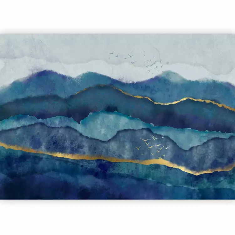 Abstract landschap - blauwe bergen met vogels en gouden patronen