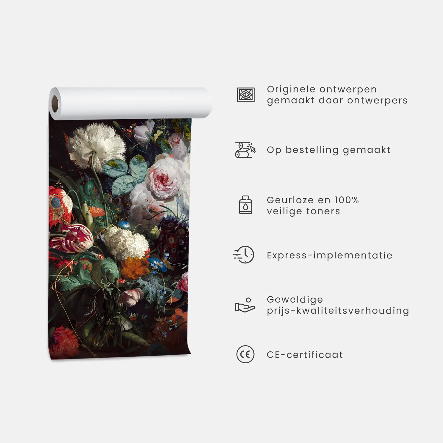 Muurmuur Getekende bloemen - plantmotief met zwarte bloemen op een