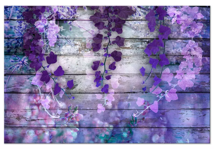 Lavendelspreuk (1-delig) breed - paarse bloemen en houten planken op achtergrond