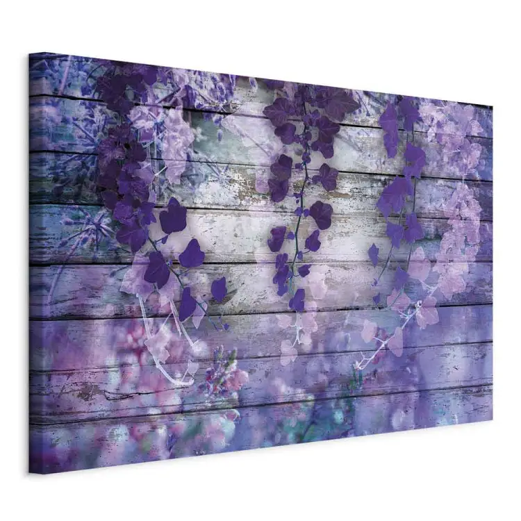 Lavendelspreuk breed - paarse bloemen en houten planken op achtergrond