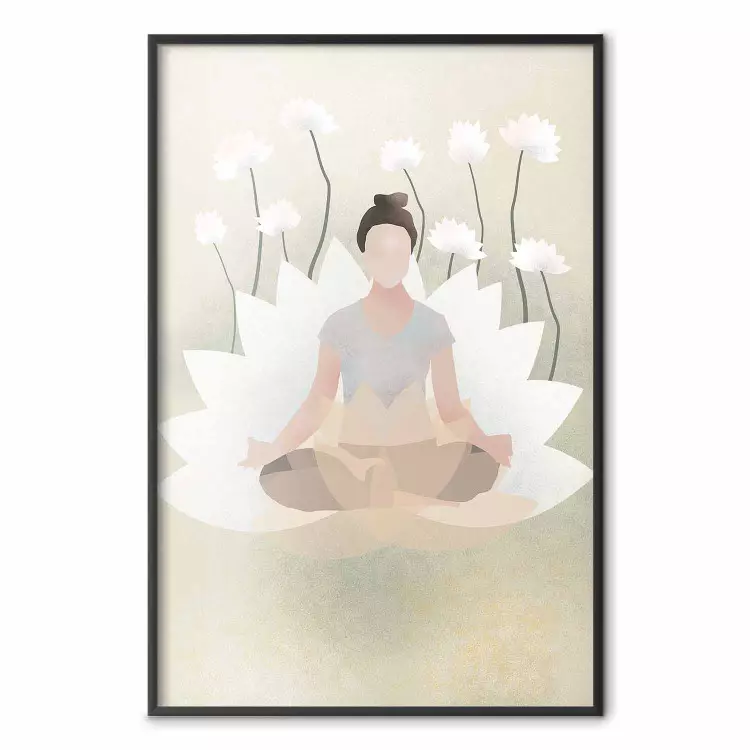 Liefdevolle yoga - mediterende vrouw tegen een achtergrond van witte bloemen in zenstijl