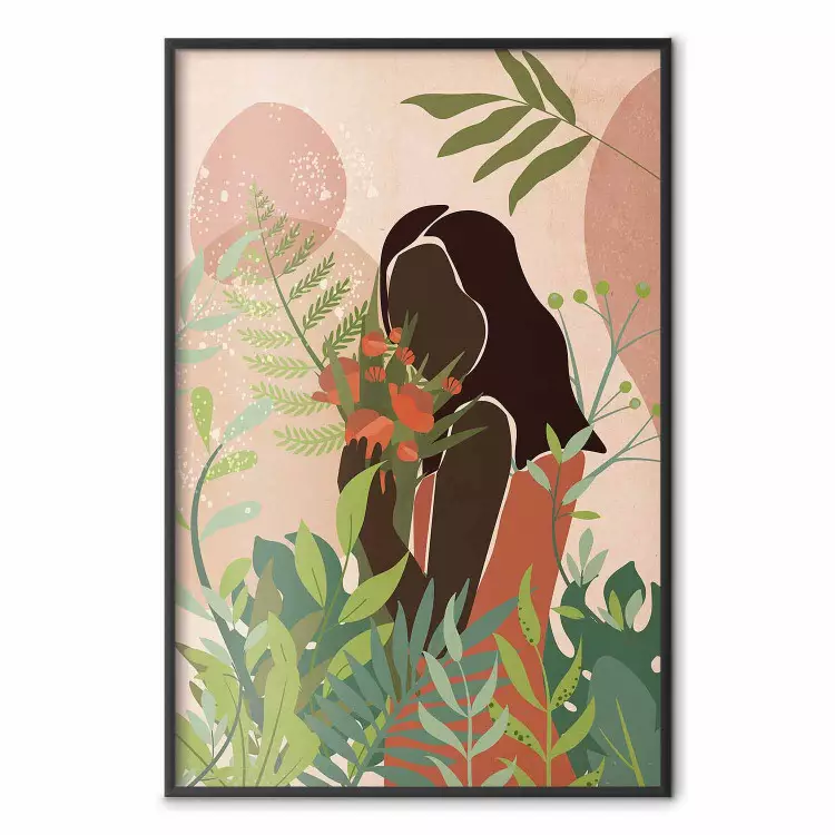 Vrouw in het groen - zwarte vrouw tussen planten op een abstracte achtergrond