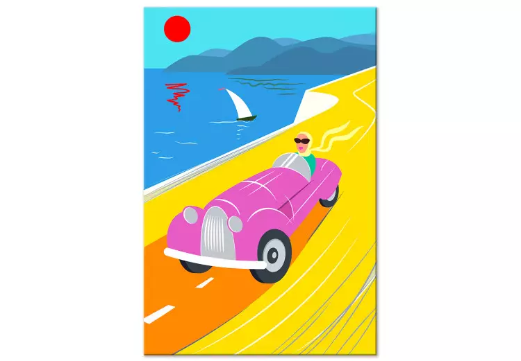 Kleurrijke rit (1-delig) verticaal - landschap met auto op de achtergrond van de zee