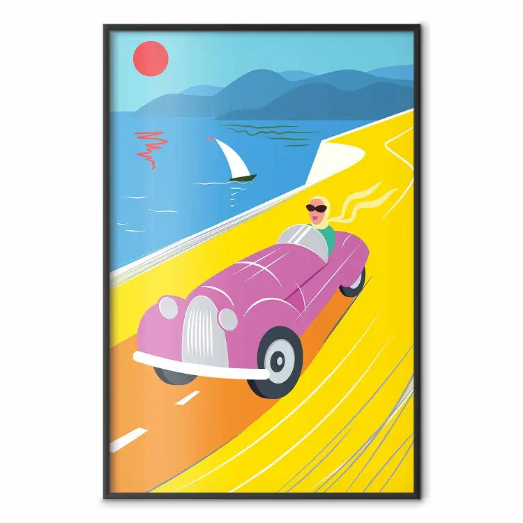 Kleurrijke Rit - vrouw in een auto tegen zee met een boot