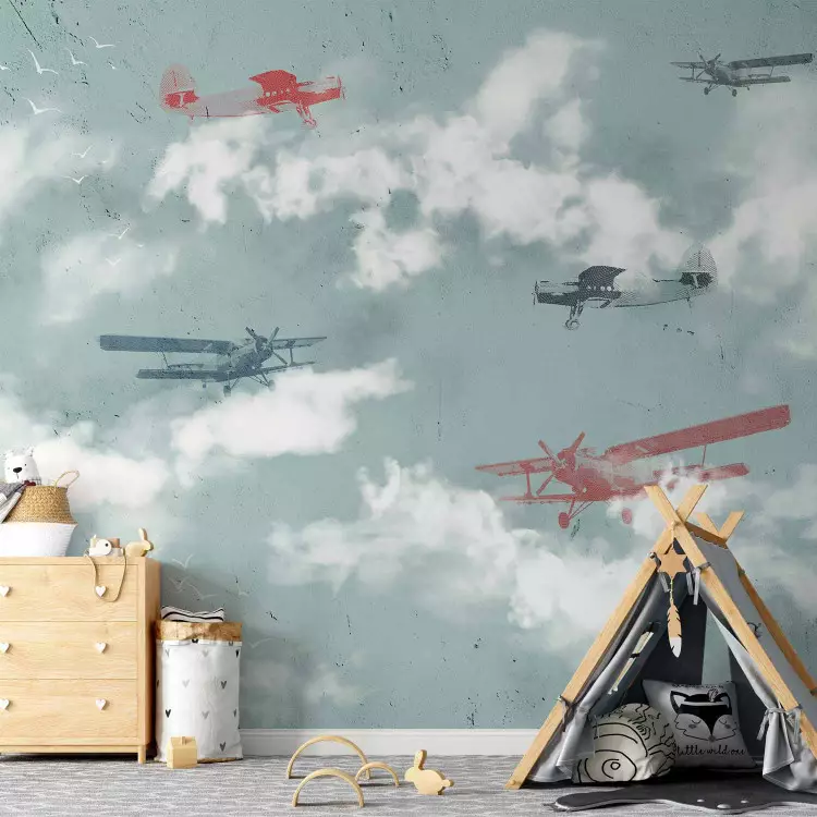 Droom van een kleine piloot - vliegtuigen in de lucht met wolken en vogels voor kinderen