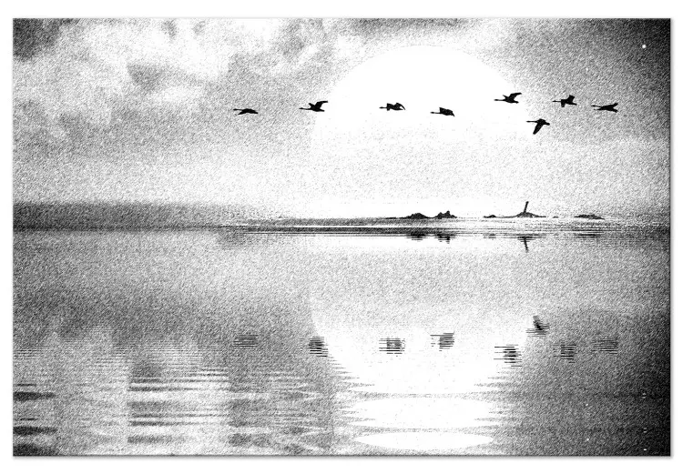 Vogelvlucht boven meer (1-delig) breed - zwart-wit landschap