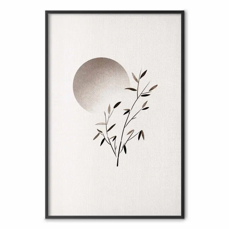 Oosterse Minimalisme - tak met bladeren en zon in Japandi-stijl op lichte achtergrond