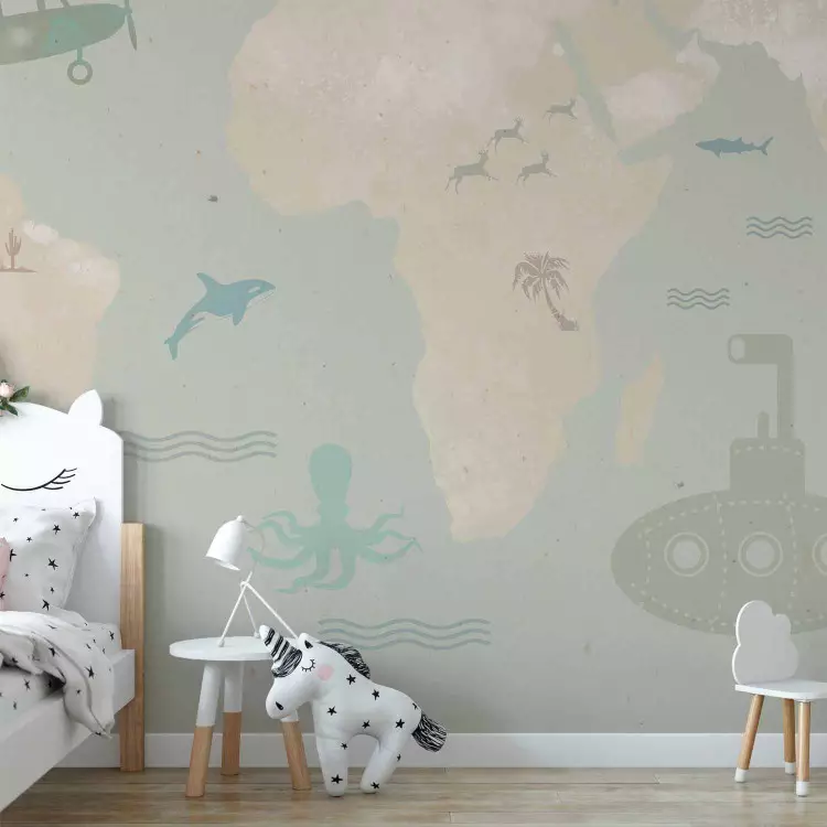 Kinderkaart - sprookjesachtige vliegtuigen en dieren op een achtergrond van wereldkaart