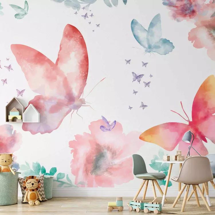 Tuin - kleurrijke compositie van bloemen en vlinders op een effen witte achtergrond