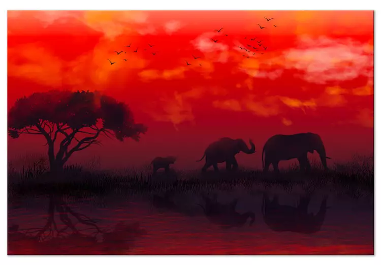 Afrikaans landschap (1-delig) breed - olifanten en rode lucht