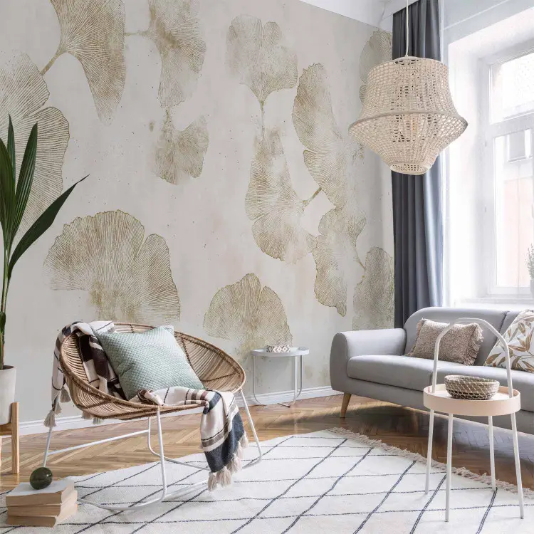 Japanse notenboom - japandi-stijl abstractie met gouden contour van bladeren