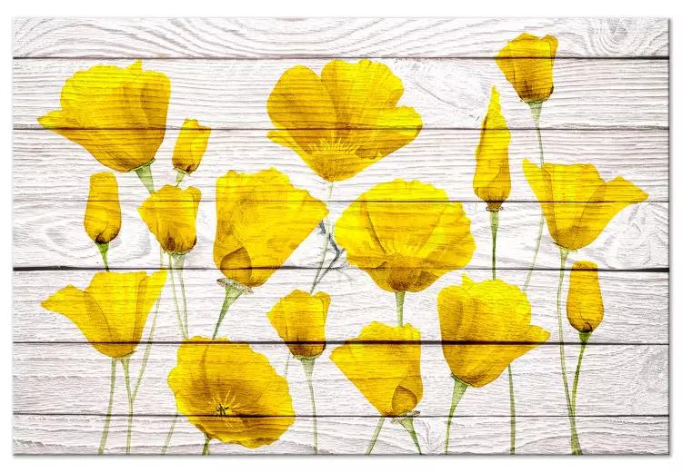 Gele Bloemen (1-delig) - Citroenkleurige planten op de achtergrond van licht hout