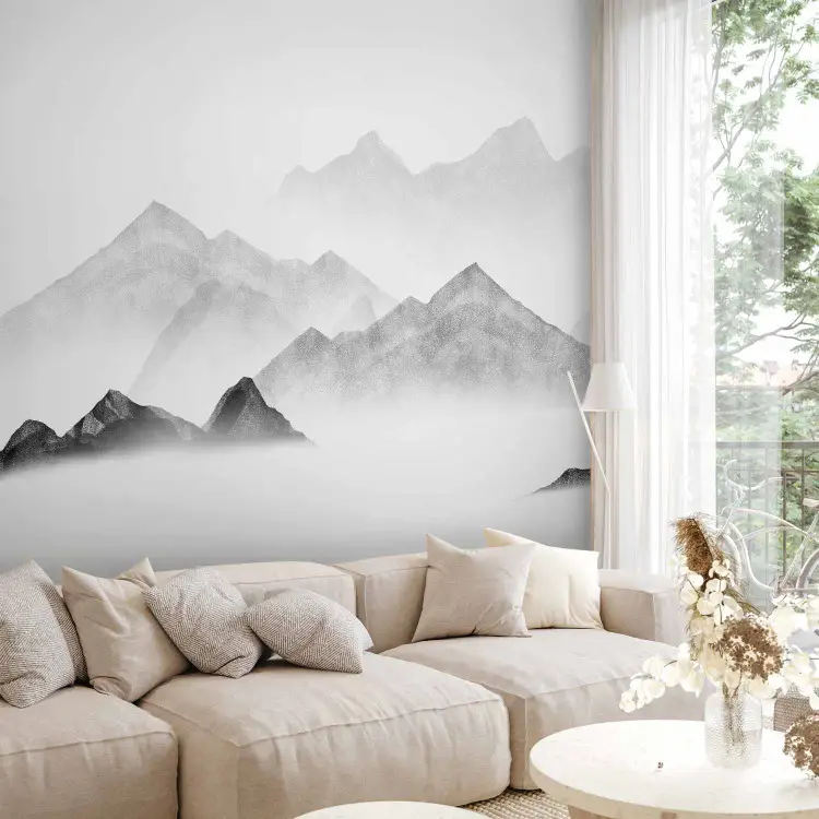 Mistige bergen - aquarel landschap met bergpieken in grijstinten