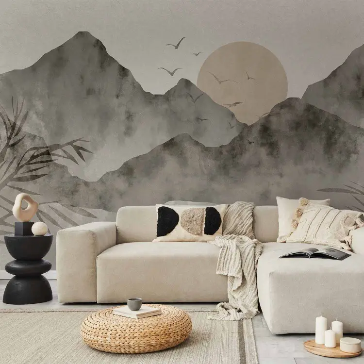 Wabi-sabi landschap - landschap van zonsondergang en bergen in Japanse stijl