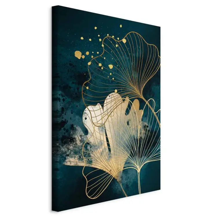 De natuur in abstractie - gouden ginkgobladeren op turquoise waterverf