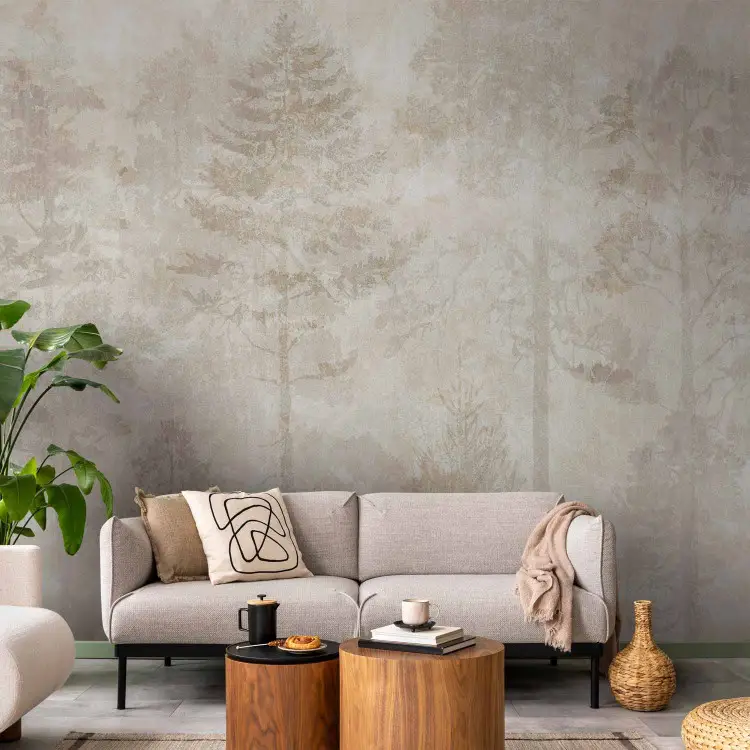 Dromerig bos - illustratie met bomen op een steenachtige beige en crème achtergrond