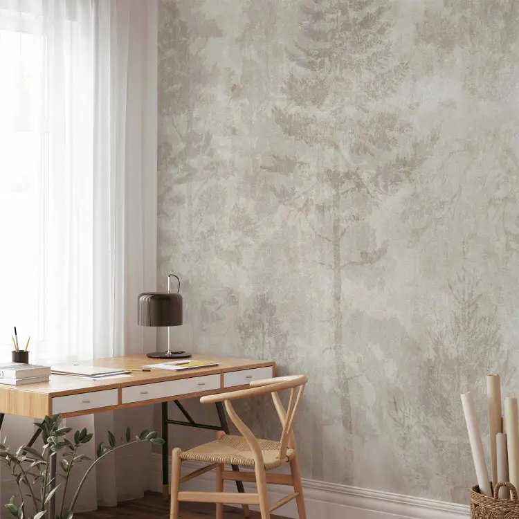 Dromerig bos - een illustratie van bomen op een steenachtige beige-grijze achtergrond