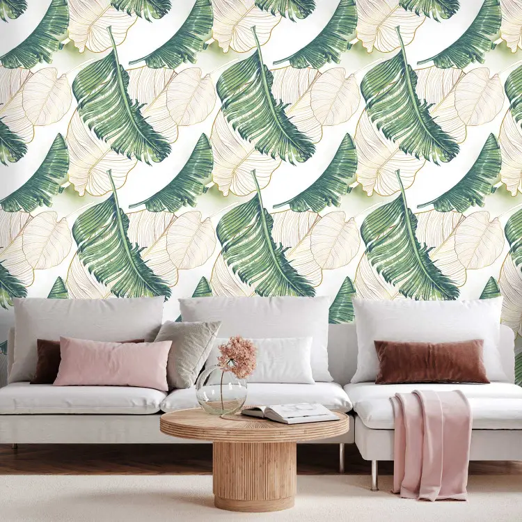 Sappige natuur - grote groene bladeren en delicate beige bladeren in de wind