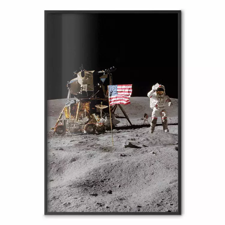 Landing op de maan - foto van een schip, astronaut en vlag in de ruimte