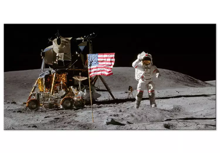 Maanlanding - foto van vlag, schip en astronaut in de ruimte