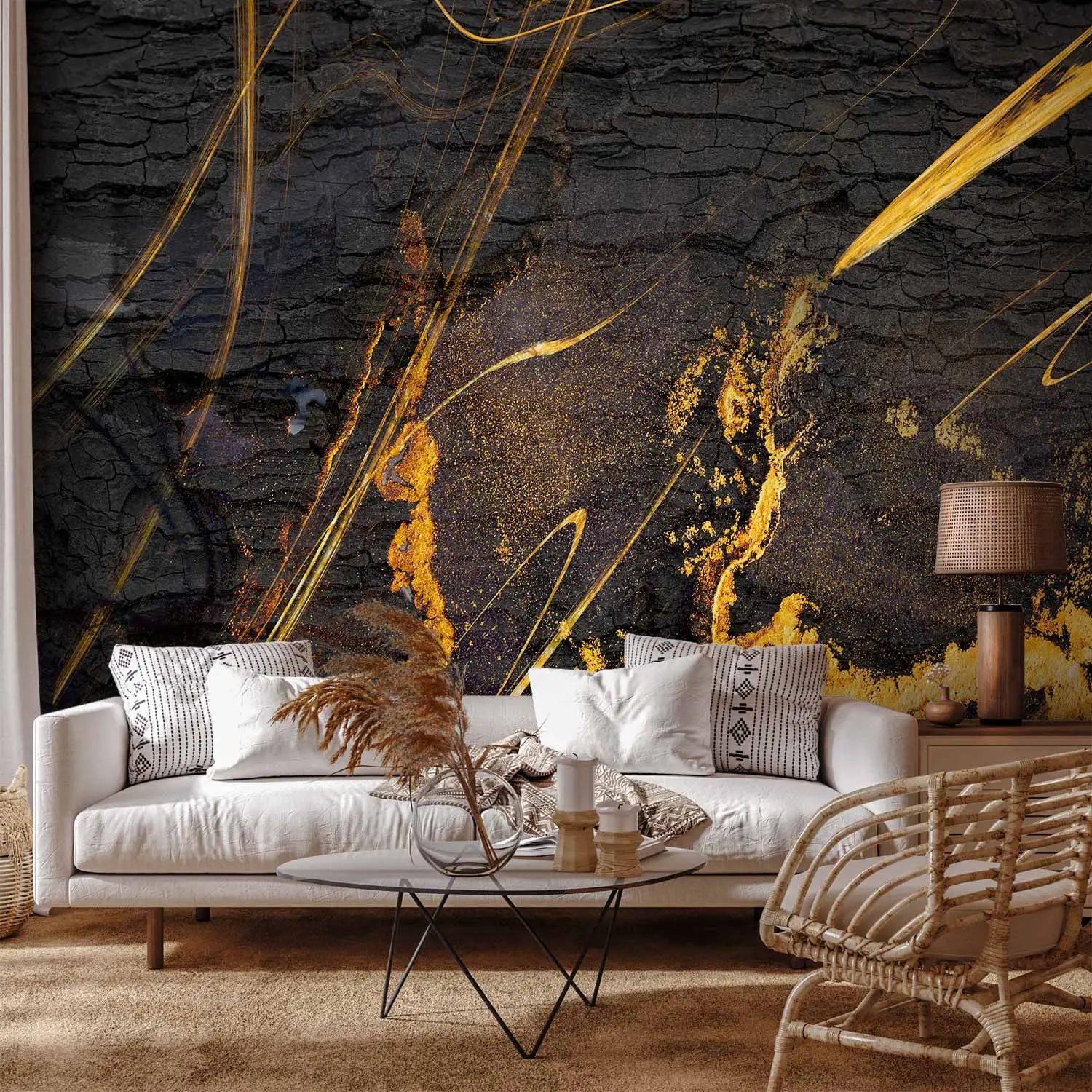 Fotobehang Donkere compositie - zwart houtskool met gouden expressieve accenten- Abstract Fotobehang Donkere compositie - zwart houtskool met gouden expressieve accenten- Abstract