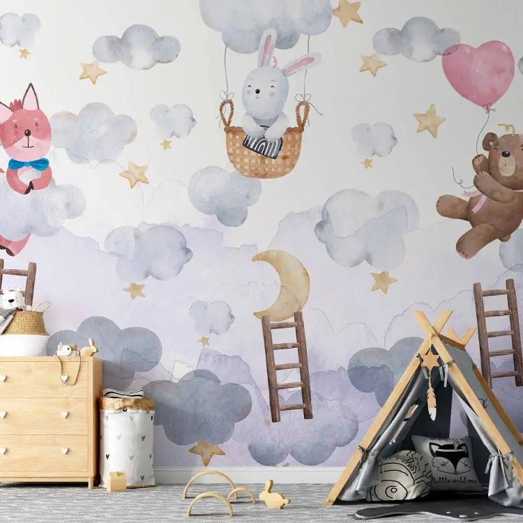 Voor kinderen - teddybeer, konijn en vos vliegend in de sterren en wolken