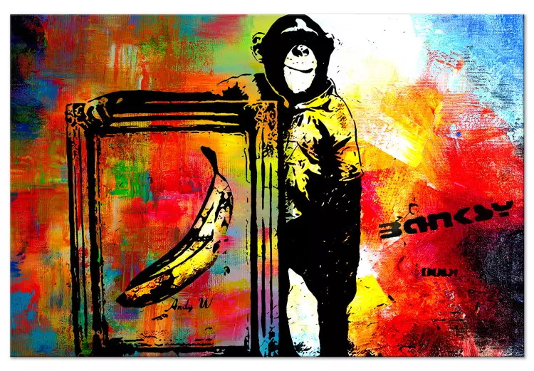 Aap met banaan (1-delig) - muurschildering in de stijl van Banksy op een kleurrijke achtergrond