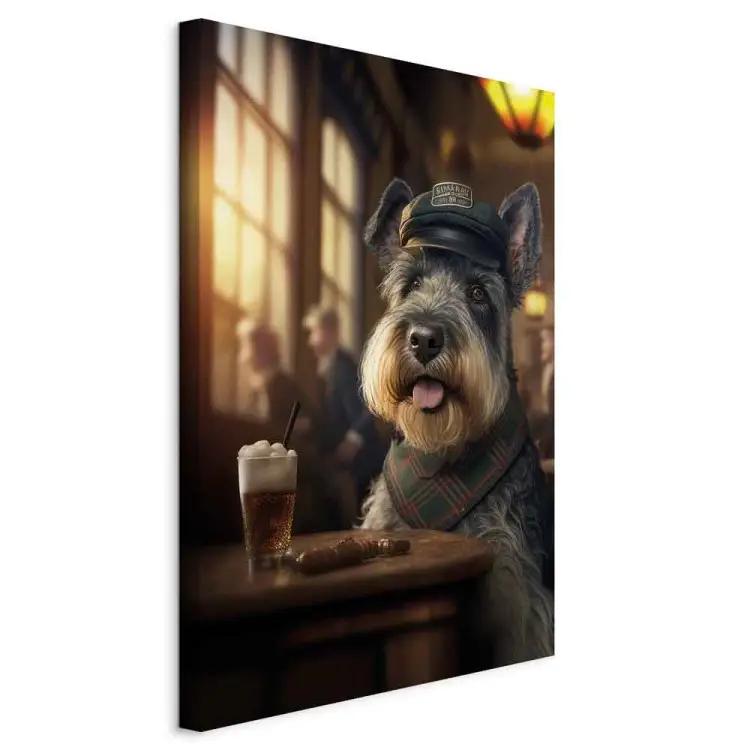 AI dwergschnauzer - portret van huisdier in kroeg terwijl hij bier drinkt - verticaal